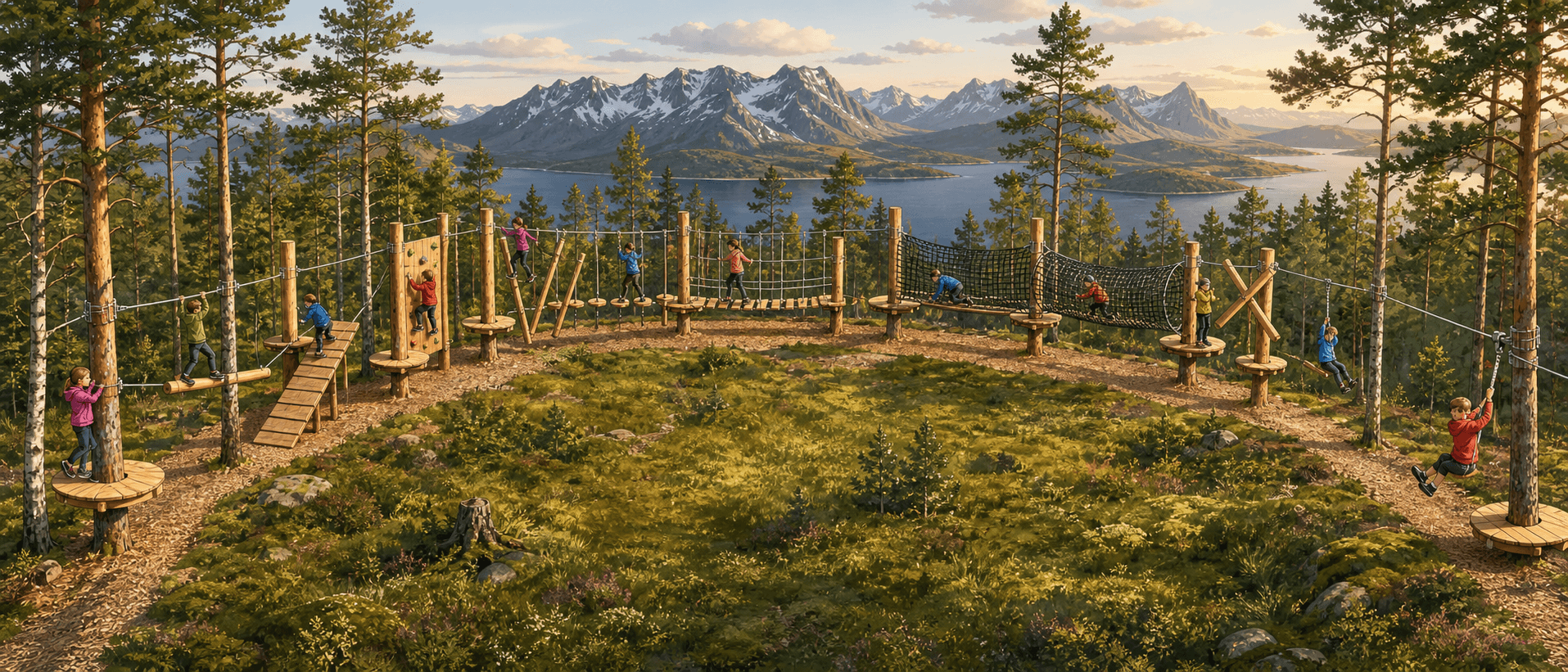 Illustrasjon av en komplett klatrepark fra Haughom Klatreløyper